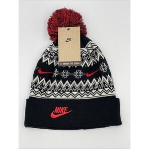 Nike Adults' Peak Fair Isle Pom Beanie NWT - Black / University Red / White NEW